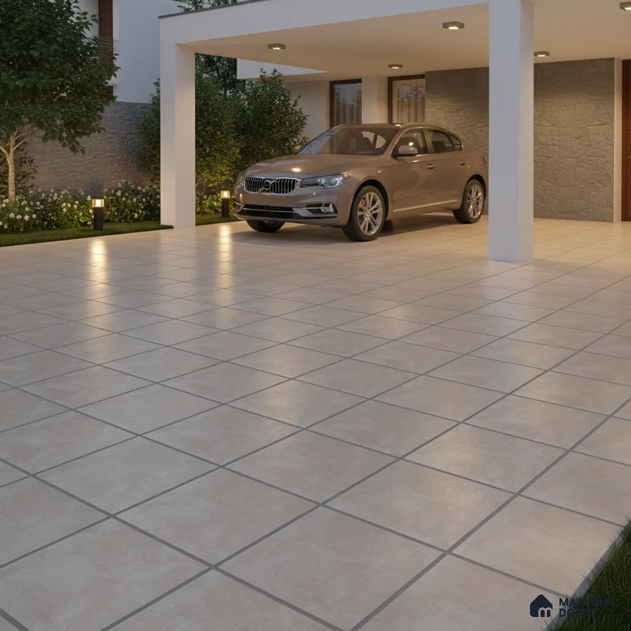 Modern parking area with beige anti-skid floor tiles and stone cladding accent wall