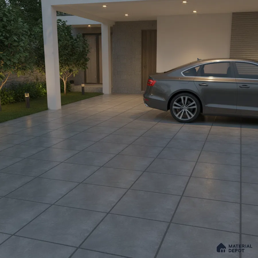 Modern parking with large grey matte floor tiles and stone cladding accent wall