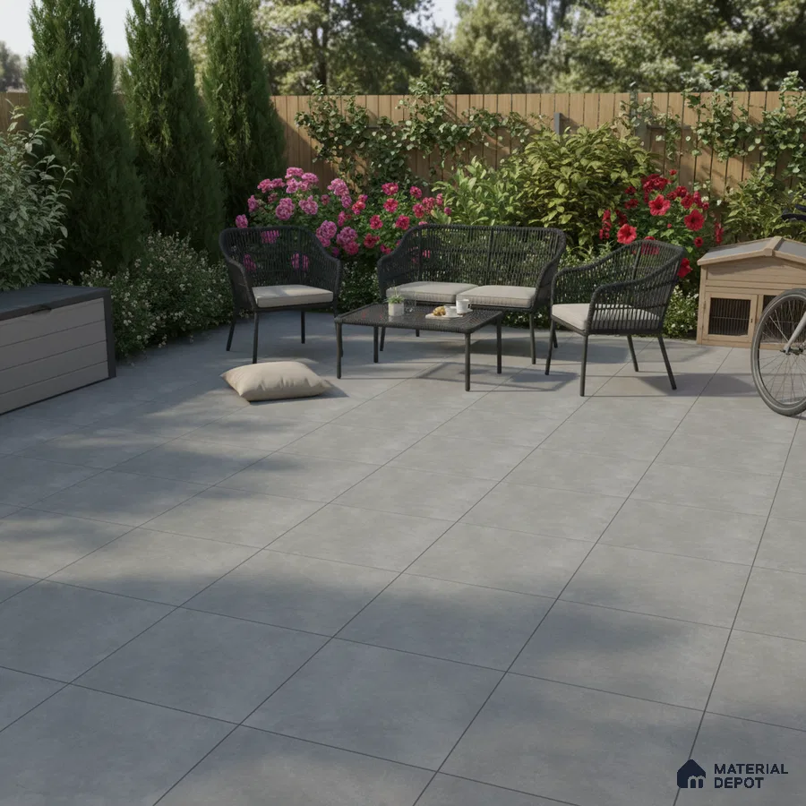 Modern outdoor patio with light grey stone-look floor tiles and black wicker furniture