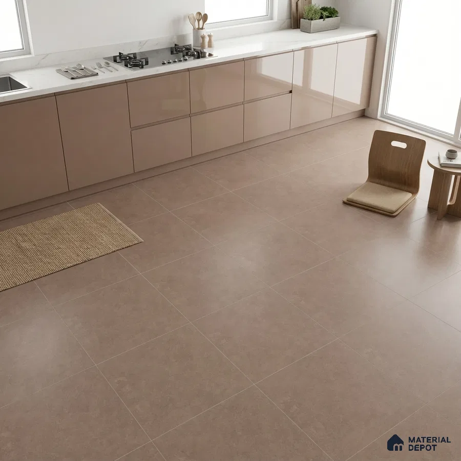 Minimalist kitchen with glossy taupe laminate cabinets and beige stone-look floor tiles