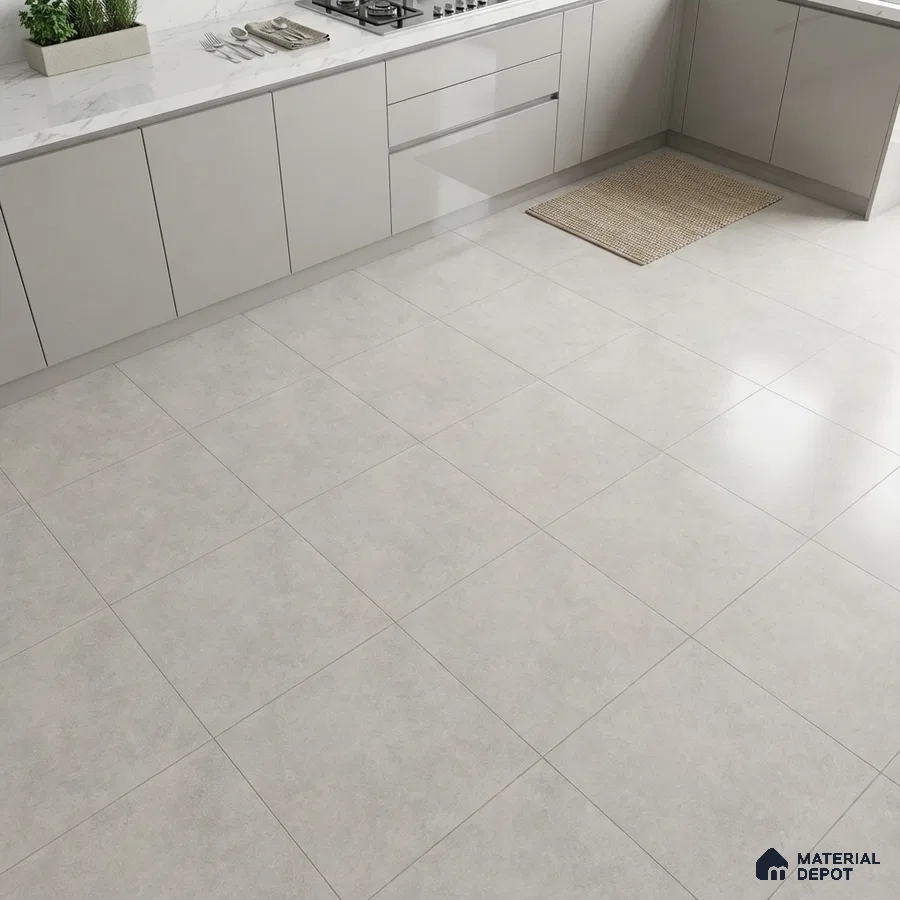 Modern kitchen with glossy white laminate cabinets, marble-look quartz countertop, and light grey matte floor tiles