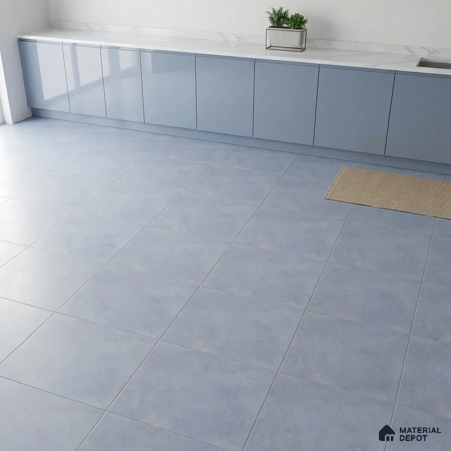 Modern kitchen with pastel blue high gloss laminate cabinets and white marble countertop
