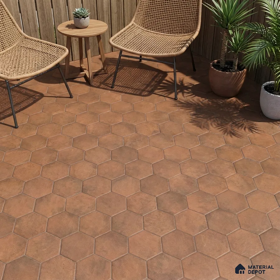 Modern outdoor space with terracotta hexagonal floor tiles and rattan furniture