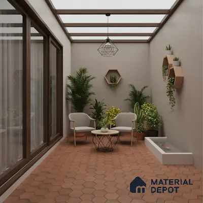 Scandinavian balcony with terracotta hexagonal floor tiles and wooden wall shelves