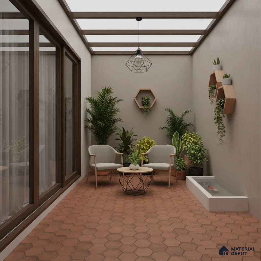 Scandinavian balcony with terracotta hexagonal floor tiles and wooden wall shelves
