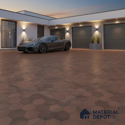Modern parking with terracotta hexagonal floor tiles and stone cladding accent walls