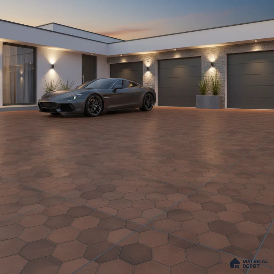 Modern parking with terracotta hexagonal floor tiles and stone cladding accent walls