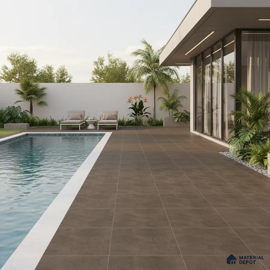 Modern outdoor poolside with brown matte floor tiles and white pool coping