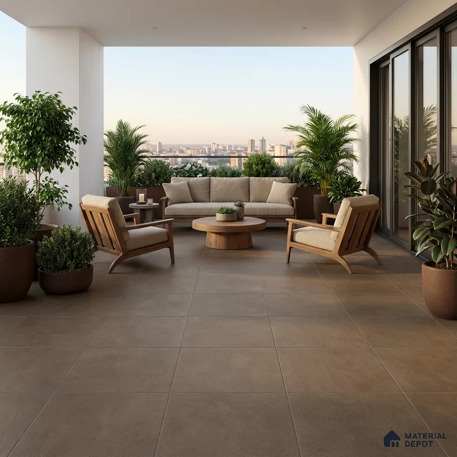 Modern balcony with taupe floor tiles and natural wood outdoor furniture