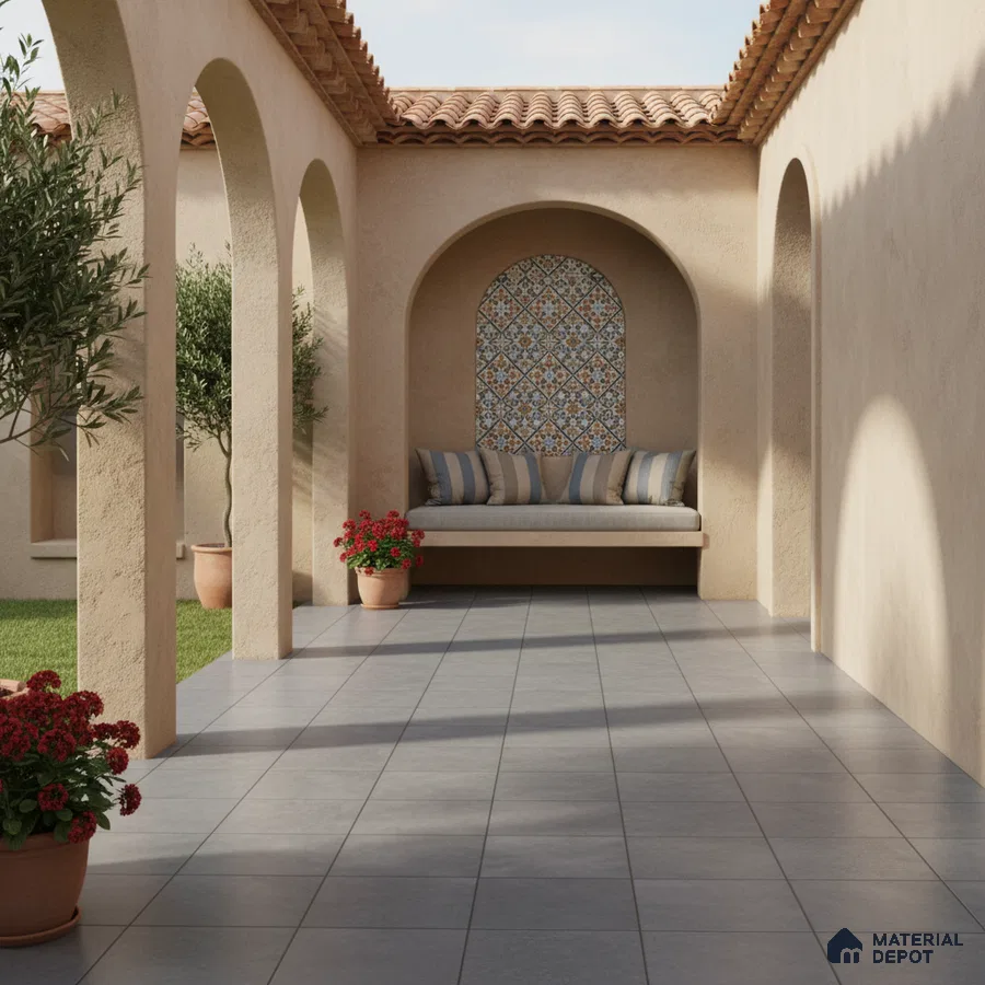 Mediterranean outdoor patio with patterned ceramic wall tile and grey floor tiles