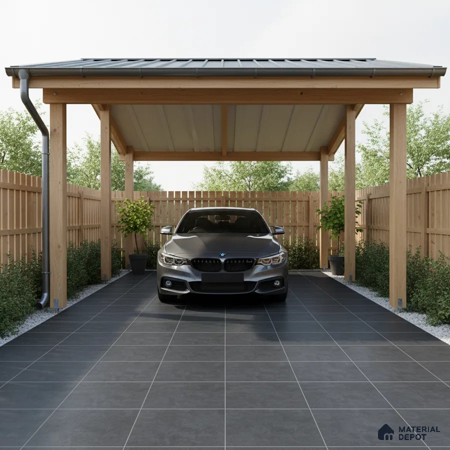 Modern parking with charcoal grey floor tiles and natural wood structure