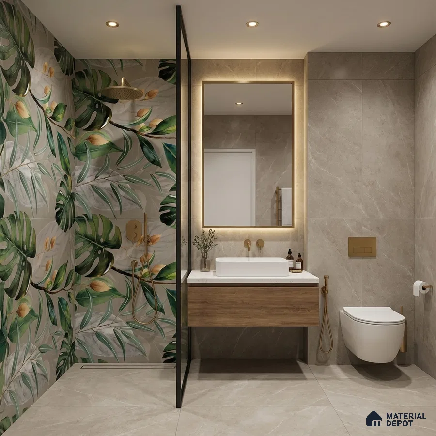 Modern bathroom with tropical floral highlighter wall tile, beige marble-look tiles, and wooden vanity