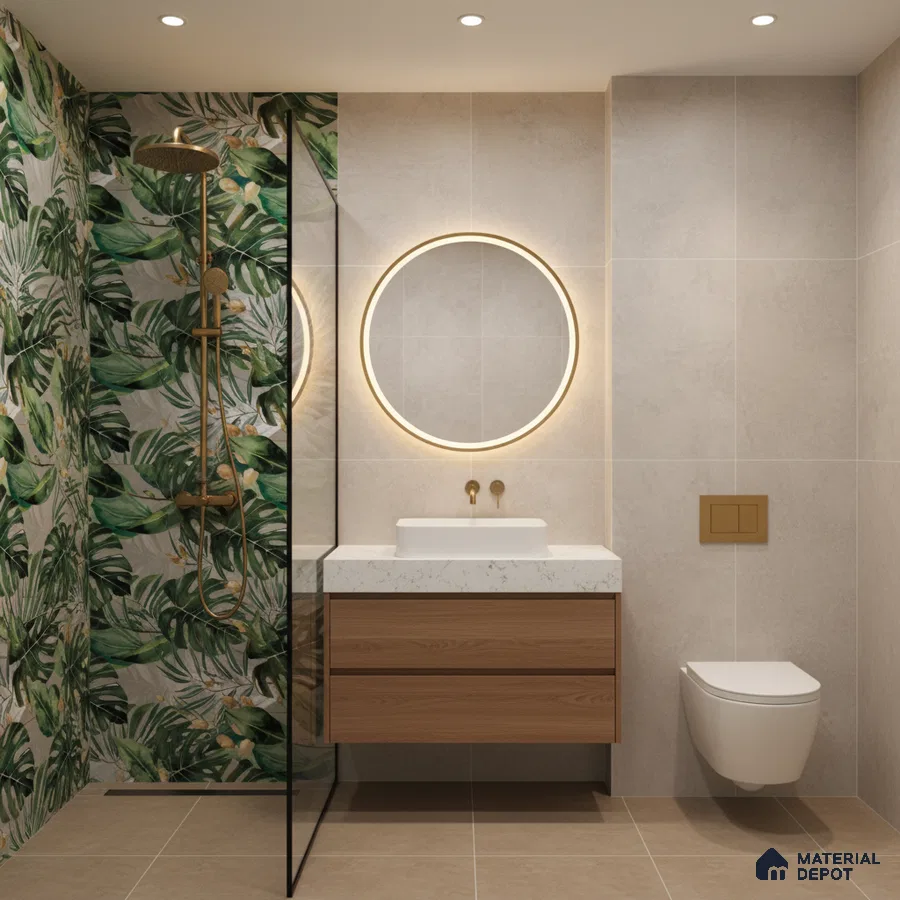 Modern bathroom with tropical leaf highlighter wall tile, beige stone wall tile, and wood vanity