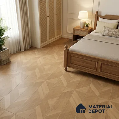 Traditional Bedroom with Beige Wood-Look Geometric Floor Tile