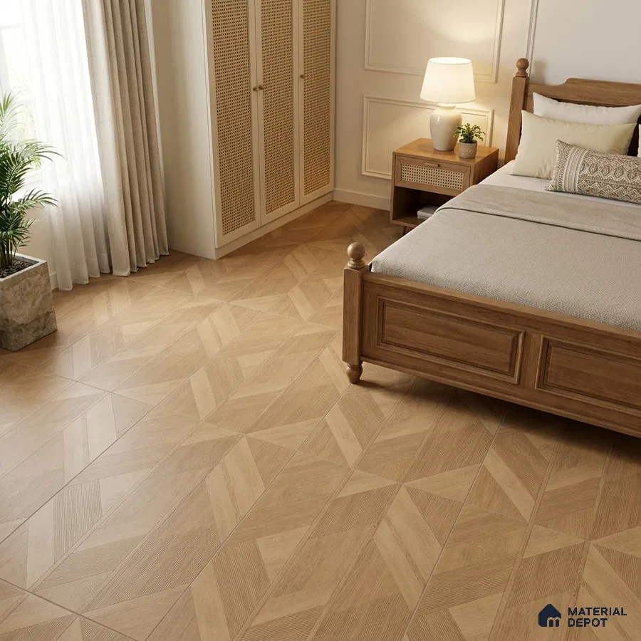 Traditional Bedroom with Beige Wood-Look Geometric Floor Tile