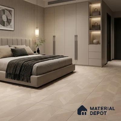 Modern Bedroom with Cream Wood-Look Geometric Floor Tile