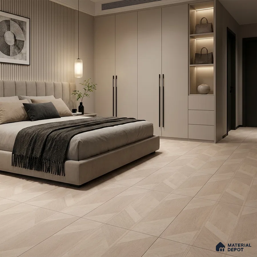 Modern Bedroom with Cream Wood-Look Geometric Floor Tile
