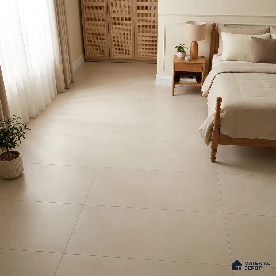 Scandinavian Bedroom with Ivory Stone-Look Matte Floor Tile