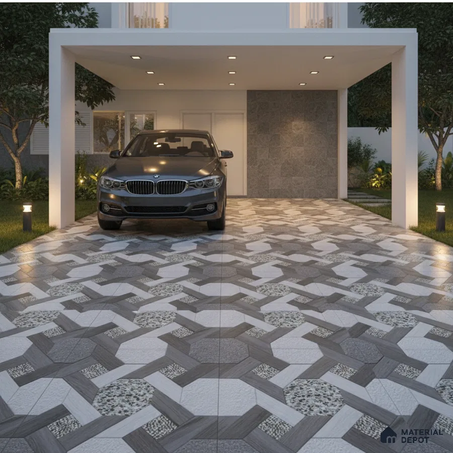 Modern parking with geometric grey and white outdoor floor tiles