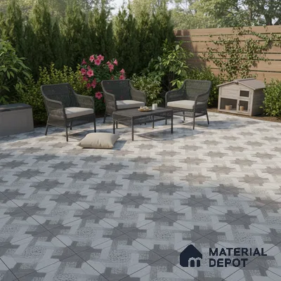 Modern outdoor seating with grey geometric patterned floor tiles