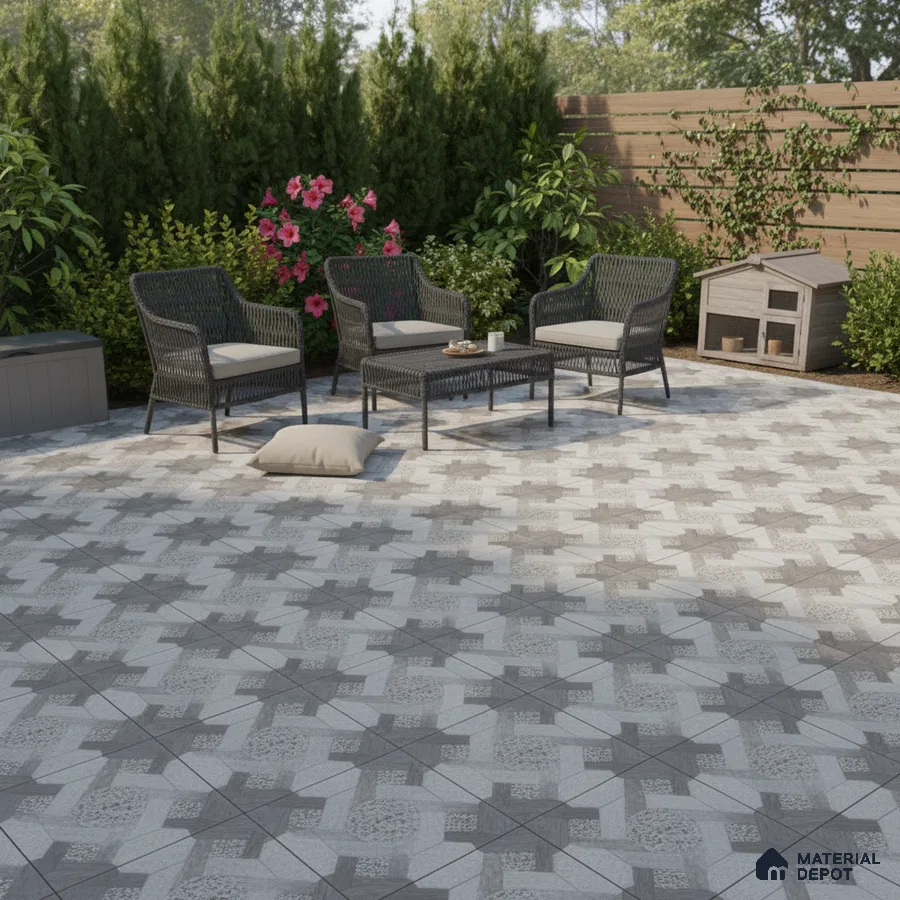 Modern outdoor seating with grey geometric patterned floor tiles