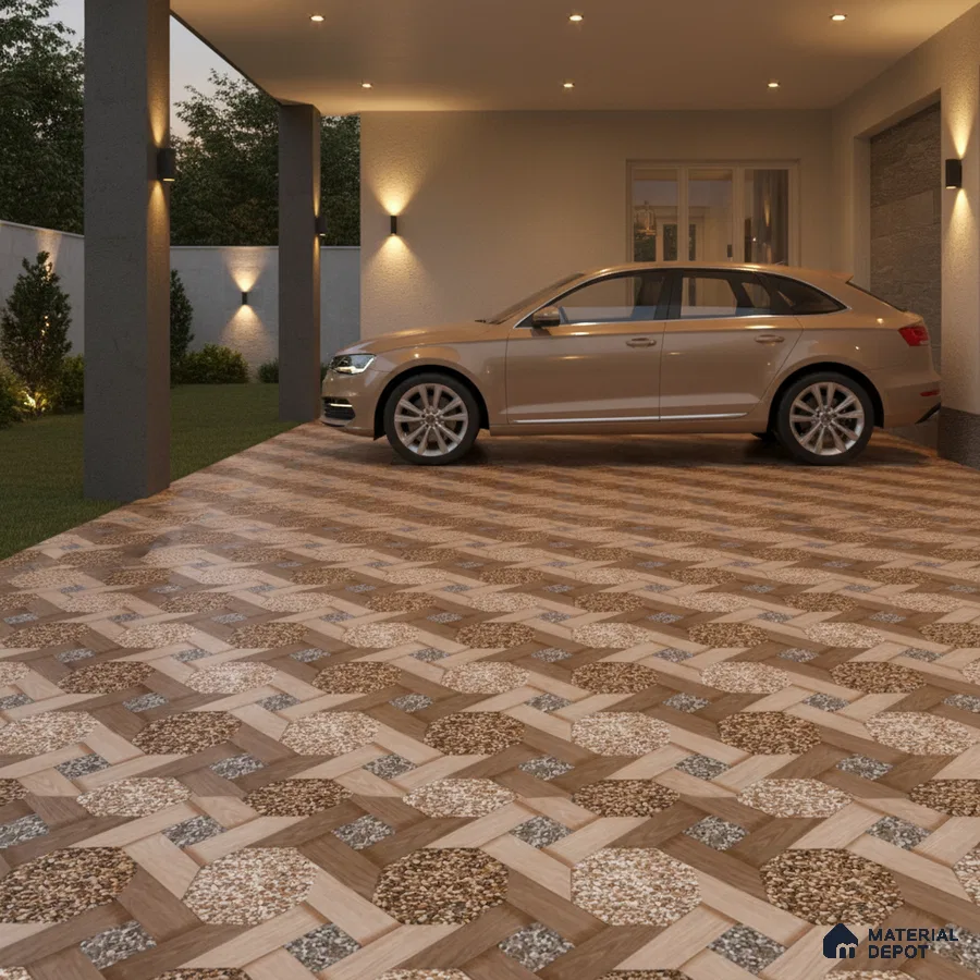 Modern parking with geometric patterned anti-skid floor tiles in wood and stone look