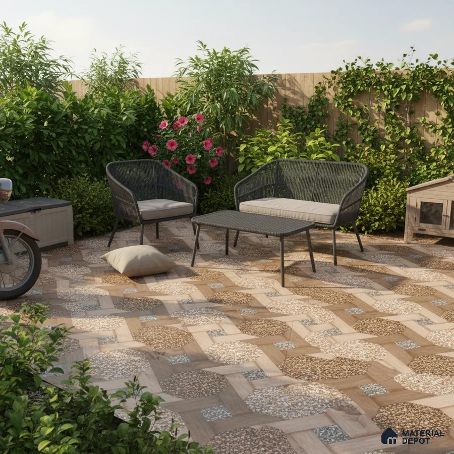 Modern outdoor seating with geometric wood-look and terrazzo patterned floor tiles