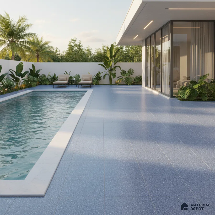 Modern outdoor poolside with blue terrazzo floor tiles and white stone coping
