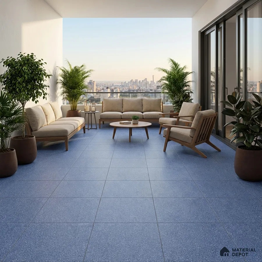 Scandinavian balcony with blue terrazzo floor tiles and natural wood furniture