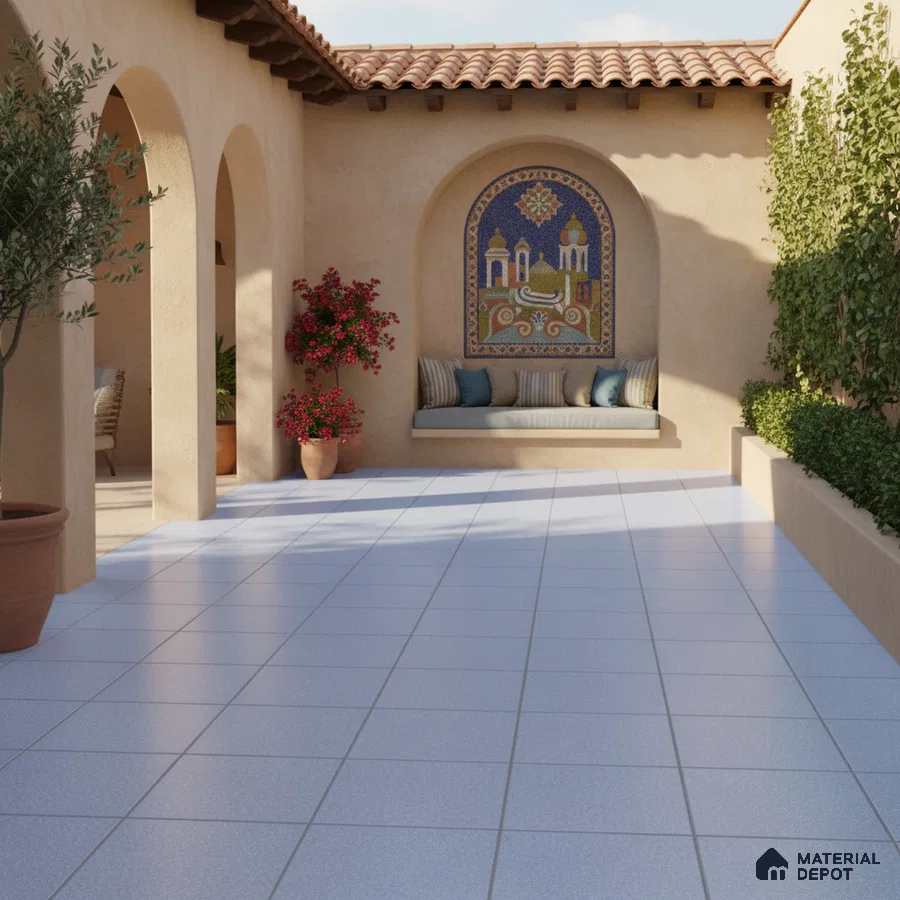 Mediterranean outdoor courtyard with terracotta roof, mosaic wall art, and light grey floor tiles