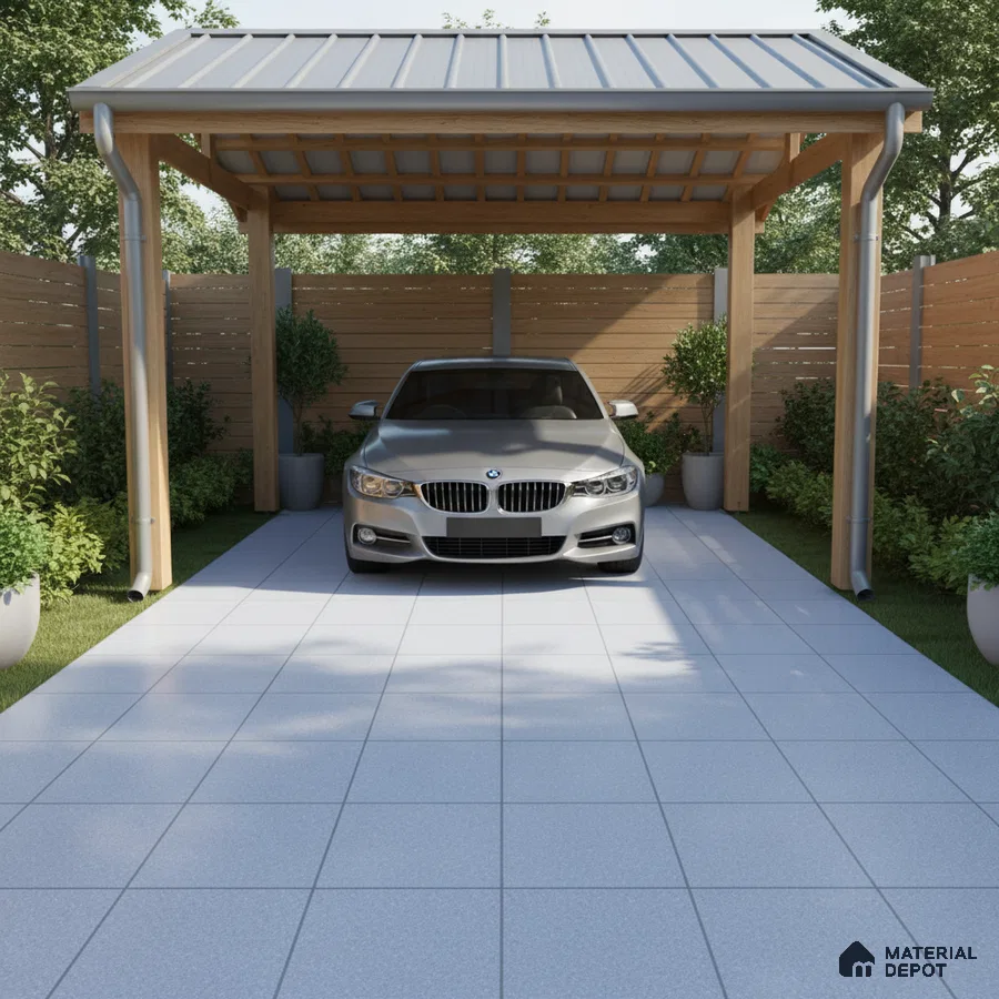 Modern parking with grey ceramic floor tiles and wooden pergola structure