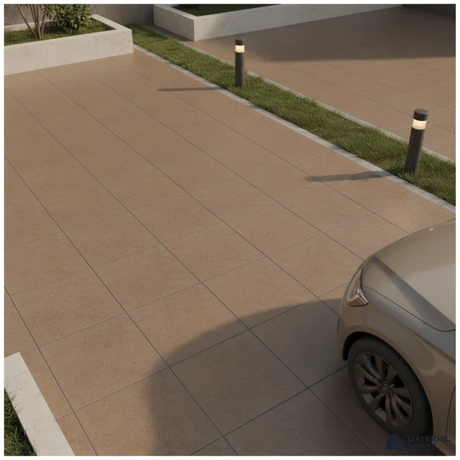 Modern parking area with matte terracotta floor tiles and concrete planters