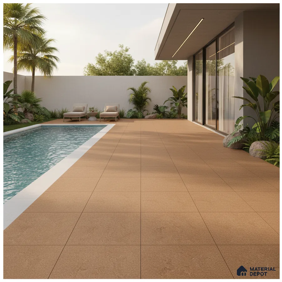 Modern outdoor poolside with terracotta floor tiles and minimalist landscaping