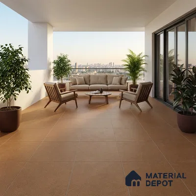 Modern balcony with terracotta floor tiles and beige upholstered outdoor seating