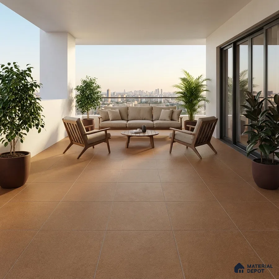Modern balcony with terracotta floor tiles and beige upholstered outdoor seating