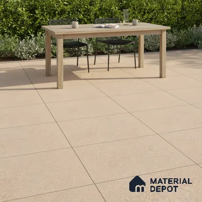 Minimalist outdoor patio with beige stone-look floor tiles and light wood dining table