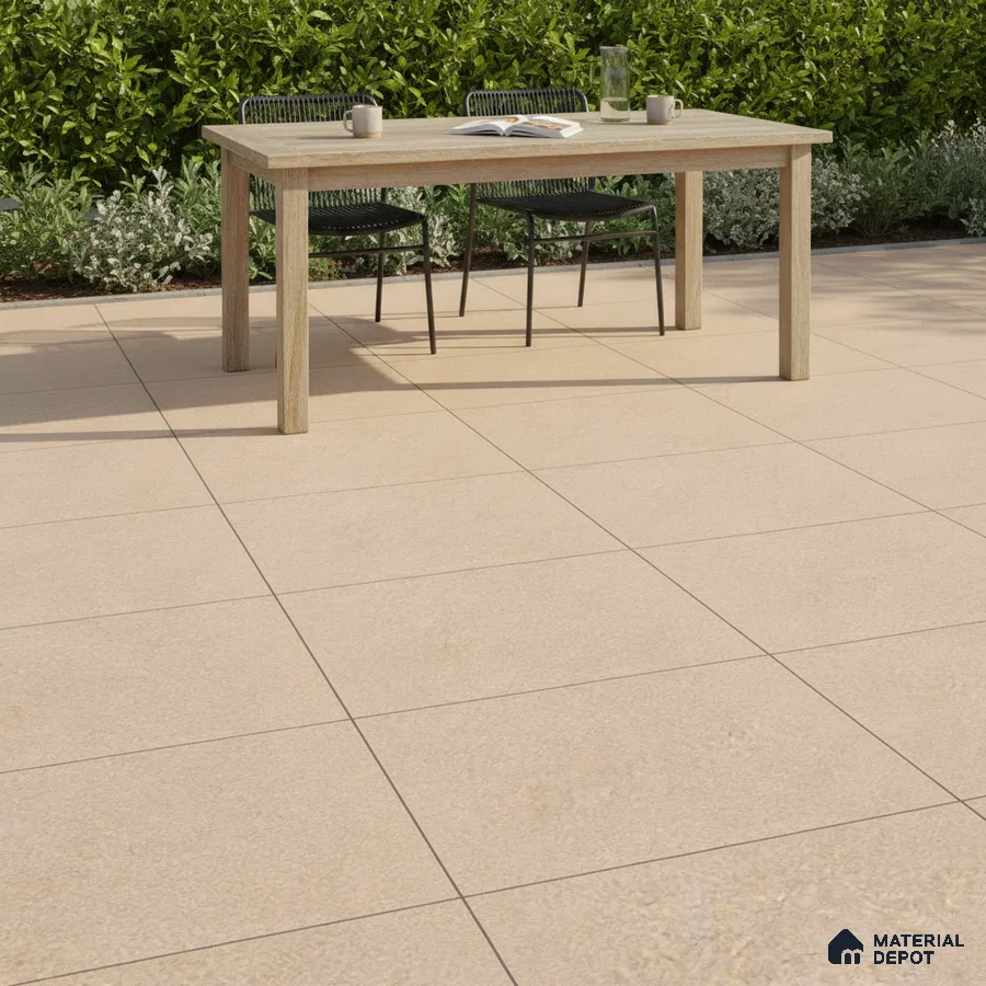 Minimalist outdoor patio with beige stone-look floor tiles and light wood dining table