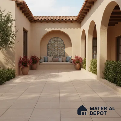 Mediterranean outdoor courtyard with beige stone floor tiles and patterned mosaic tile accent wall