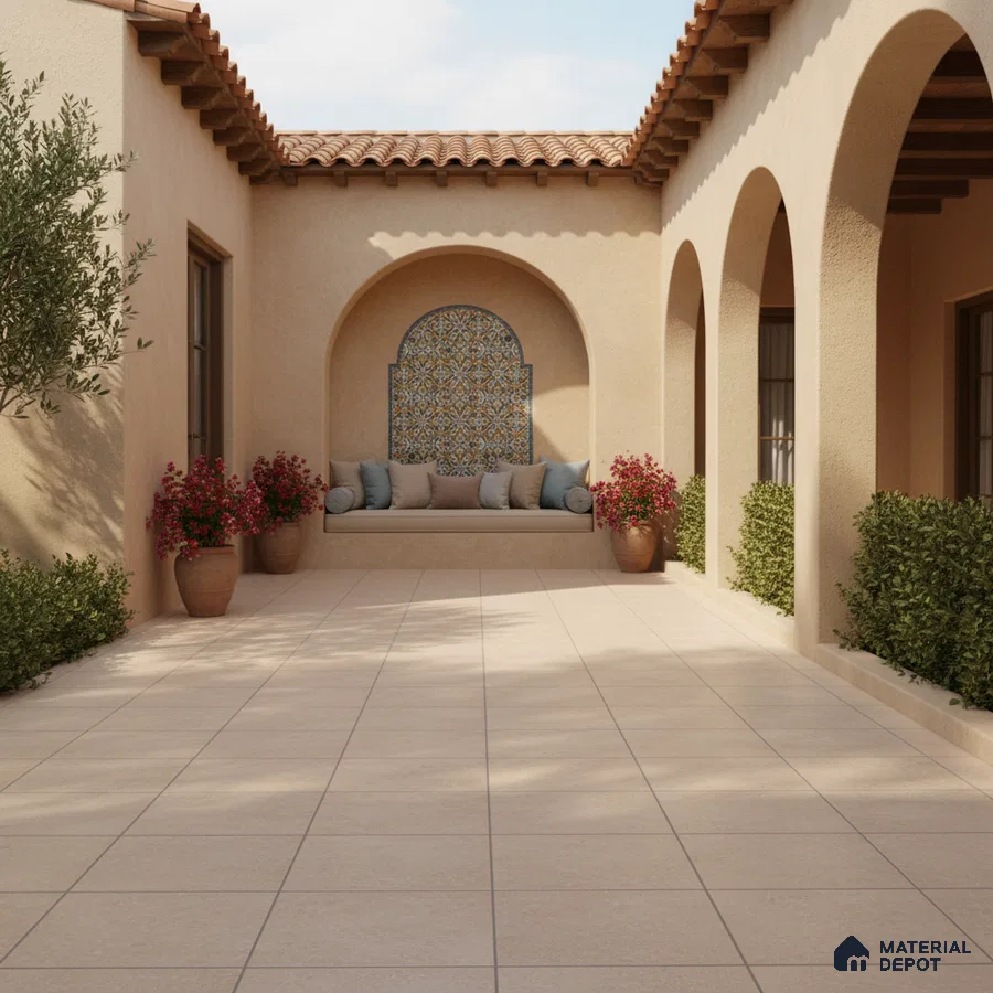 Mediterranean outdoor courtyard with beige stone floor tiles and patterned mosaic tile accent wall
