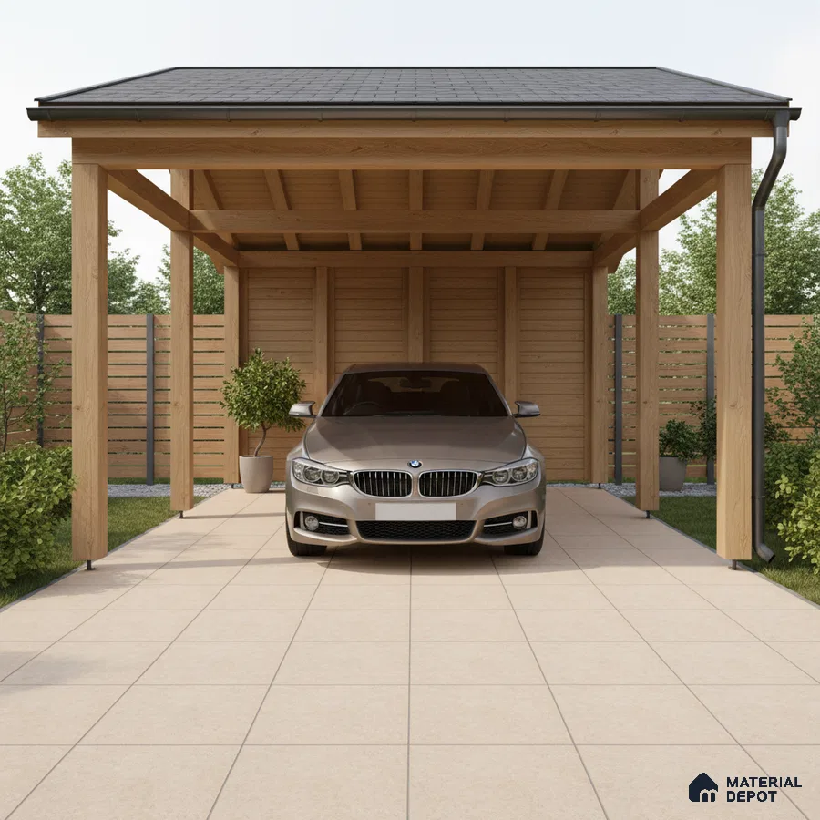 Modern parking with beige outdoor floor tiles and natural wood cladding