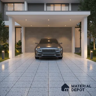 Modern parking with terrazzo floor tiles and grey stone cladding accent wall