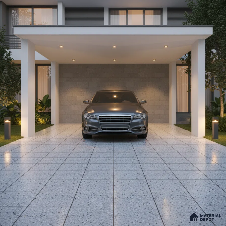 Modern parking with terrazzo floor tiles and grey stone cladding accent wall