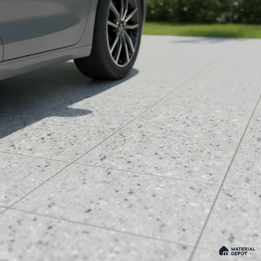 Modern parking area with light grey terrazzo floor tiles