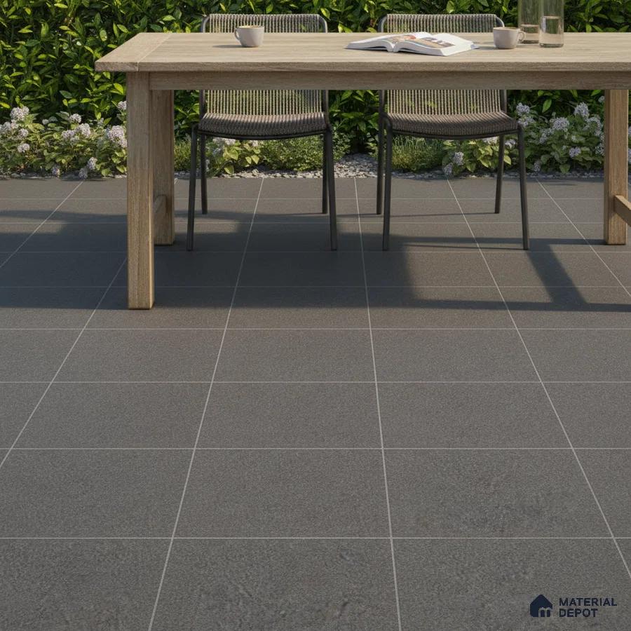 Minimalist outdoor space with matte charcoal grey stone floor tiles and natural wood dining table
