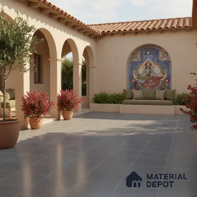 Mediterranean outdoor courtyard with terracotta roof, mosaic accent wall, and grey floor tiles