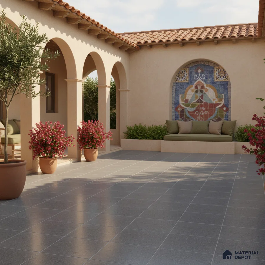 Mediterranean outdoor courtyard with terracotta roof, mosaic accent wall, and grey floor tiles