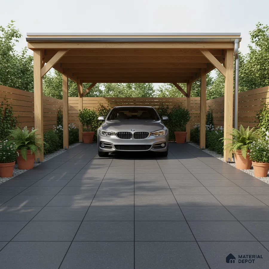 Modern parking with charcoal grey floor tiles and natural wood pergola