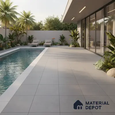 Modern outdoor poolside with light grey stone tiles and minimalist landscaping