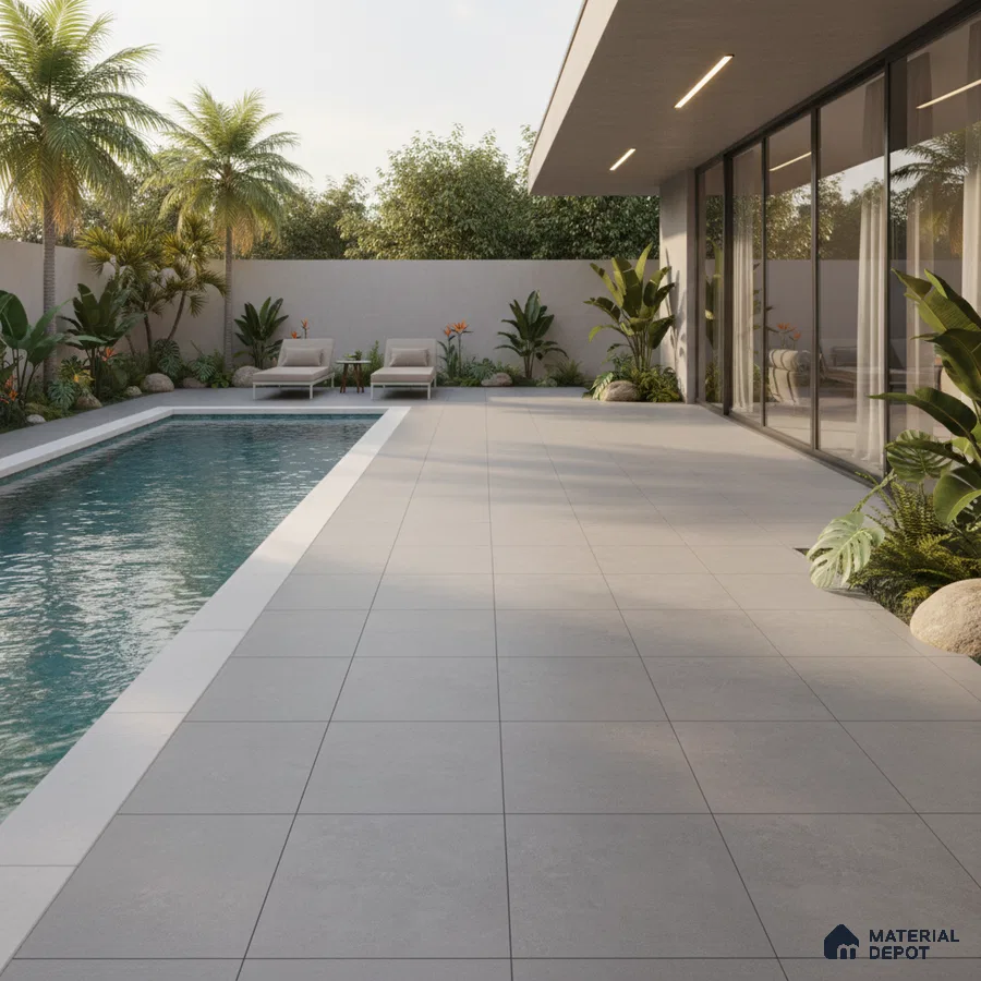 Modern outdoor poolside with light grey stone tiles and minimalist landscaping