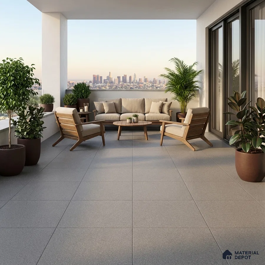 Modern balcony with beige outdoor seating, wooden frame chairs, and large format grey floor tiles
